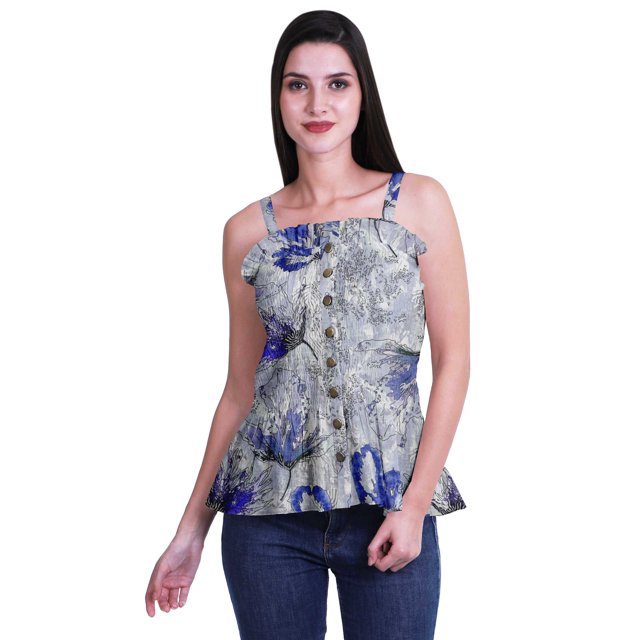 Moomaya Printed Casual Frill Smoked Full Buttoned Closure Women Fitted Crop Top