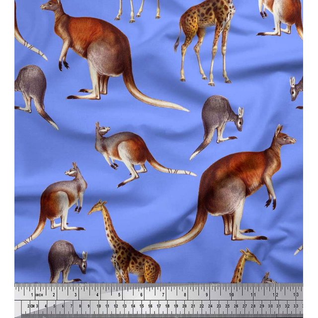 Soimoi Blue Poly Georgette Fabric Kangaroo & Giraffe Animal Print Fabric by Yard 42 Inch Wide