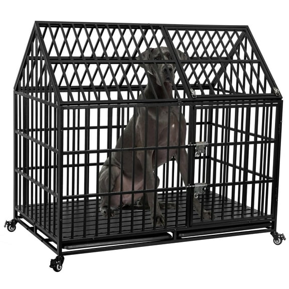 Ufyerutg 50'' Indestructible Heavy Duty Dog Crate, Escape Proof Strong Steel Impact Pet Cage for Large Giant Dogs, High Anxiety Sound Proof Chewproof Kennel Double Door with Trays and Wheels