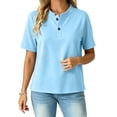 thumbnail image 5 of Kinrui Short Sleeve Sweatshirts for Women Casual Crew Neck Button Pullover Tops Lightweight Solid Color Sweater Shirts Blue L, 5 of 6