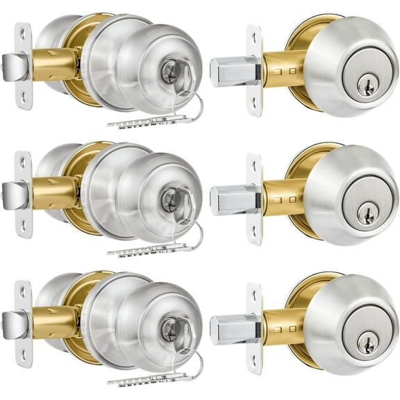 5 Pack Entry Door Lock and Single Cylinder Deadbolt Combo Set, Keyed Alike Satin Nickel Exterior Door Knobs with Lock&Keys, Round Ball Door Locksets with Deadbolt for Entrance and Front Door