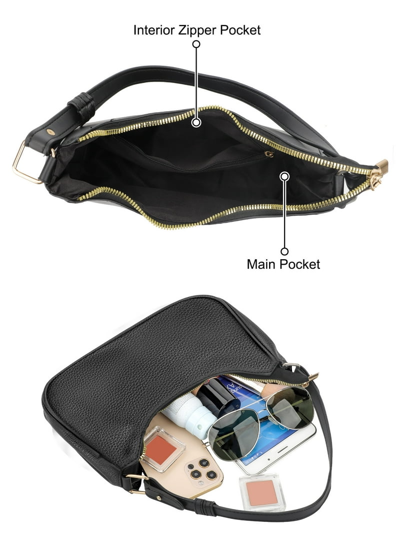 TSV Small Leather Shoulder Bag, Black Handbag with Zipper Closure