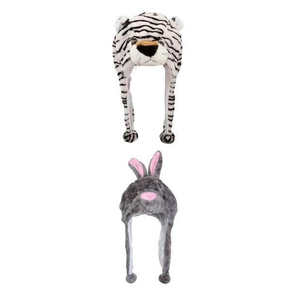 2 gorros de peluche divertidos de animales para tocado, accesorios para fotos de cosplay tigre conejo gris