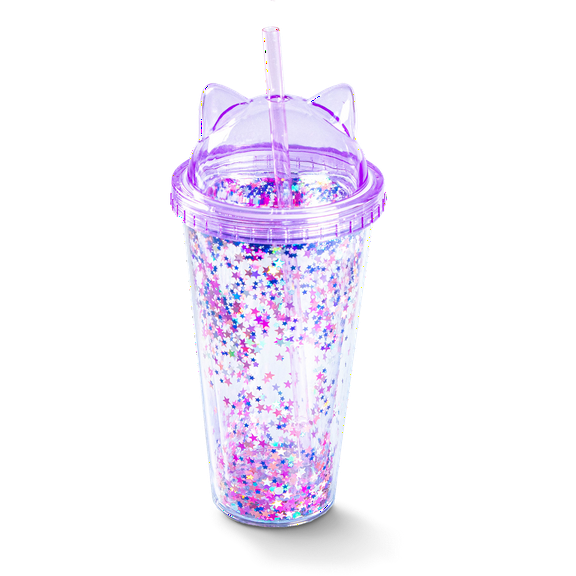 Reusable Tumbler Cup Water Bottles with Dome & Straw - Double Walled Cat Ear Glitter for Drinking - For Kids & Adult Bottle - Purple 420 ml (Purple)