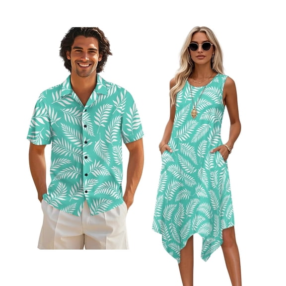 Whosucclay Green Palm Leaves Print Couple Hawaiian Matching Outfits Men's Button Down Shirt Womens Summer Dress Sleeveless Midi Dresses Family Matching Hawaii Outfits Sets for Husband and Wife, S