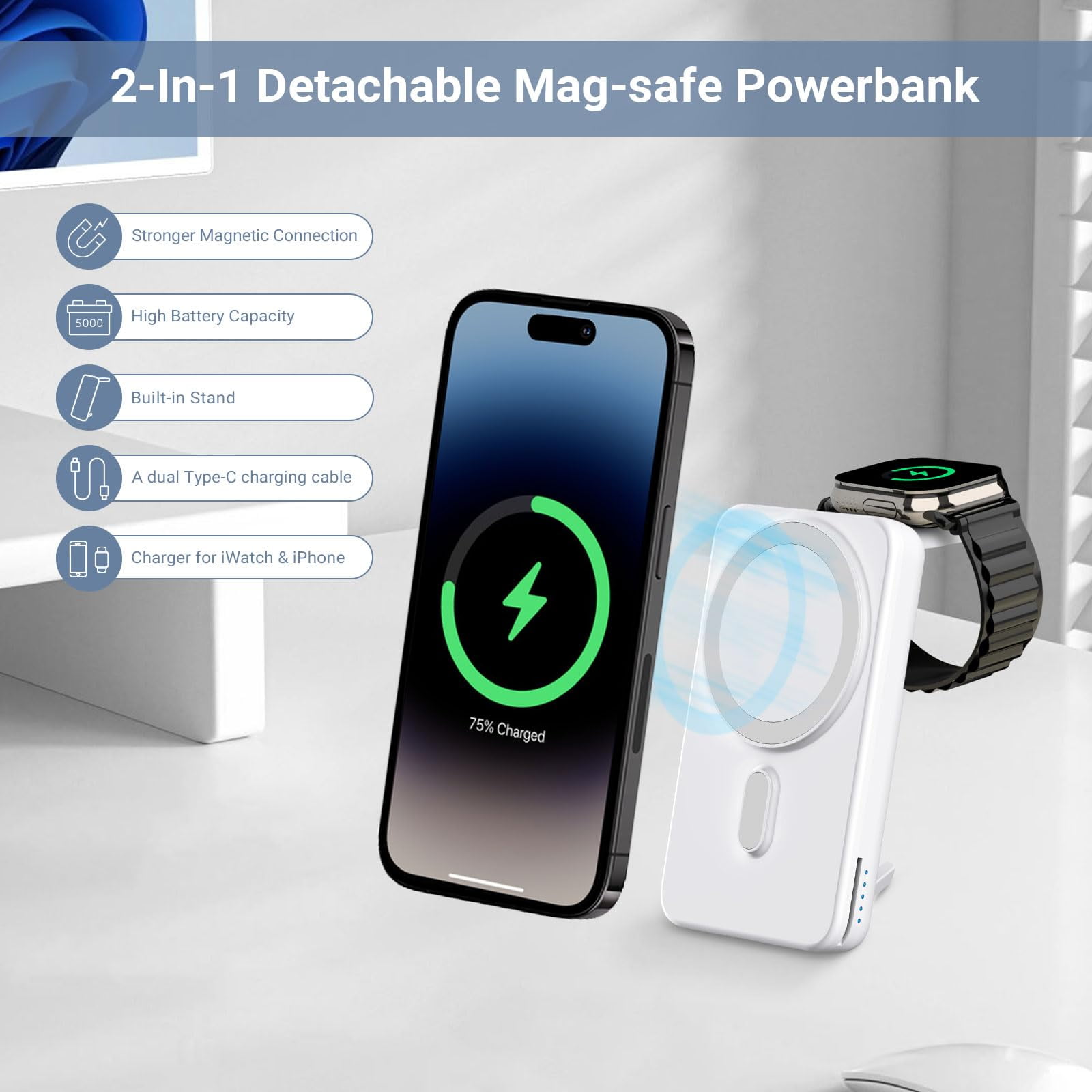 Smtcsl 5000mAh Portable Power Pack Magsafe Charger for iPhone 16/15/14, White