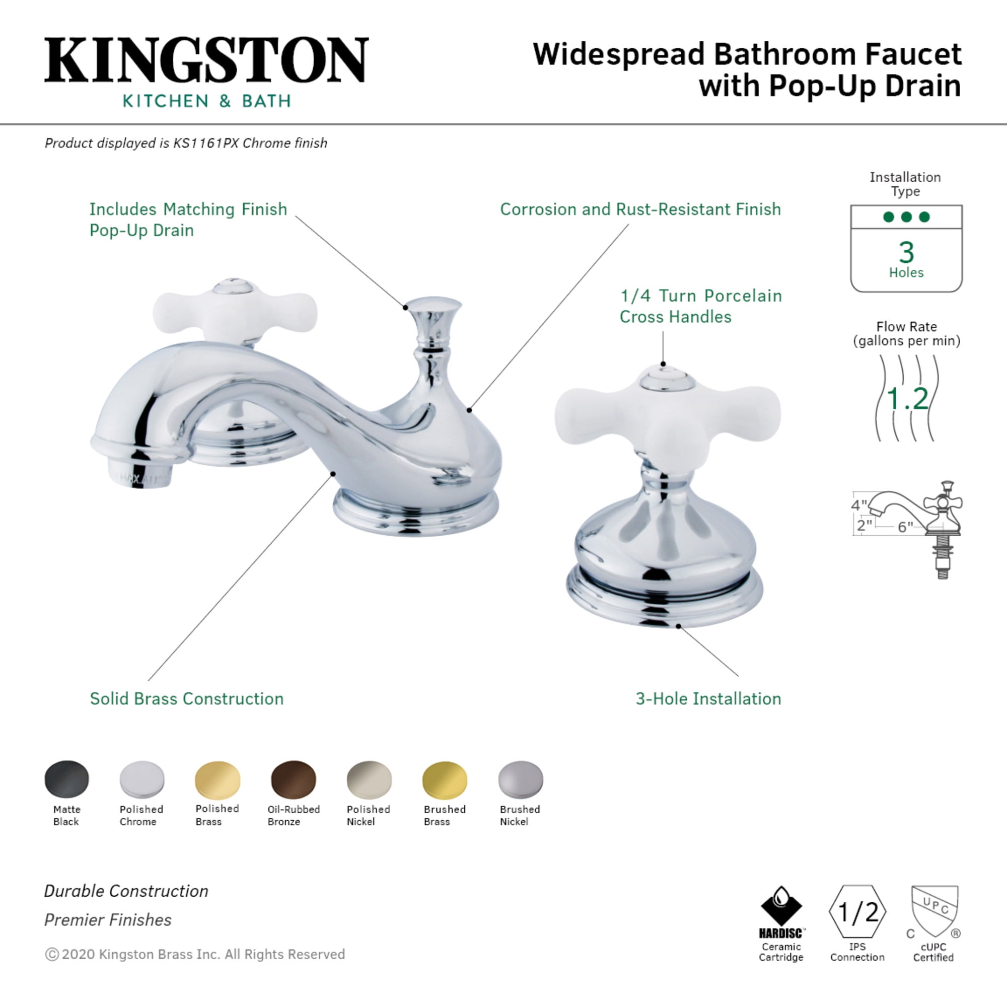 Kingston Brass KS1166PX Heritage Two-Handle 3-Hole Deck Mount Widespread Bathroom Faucet with Brass Pop-Up in Polished Nickel