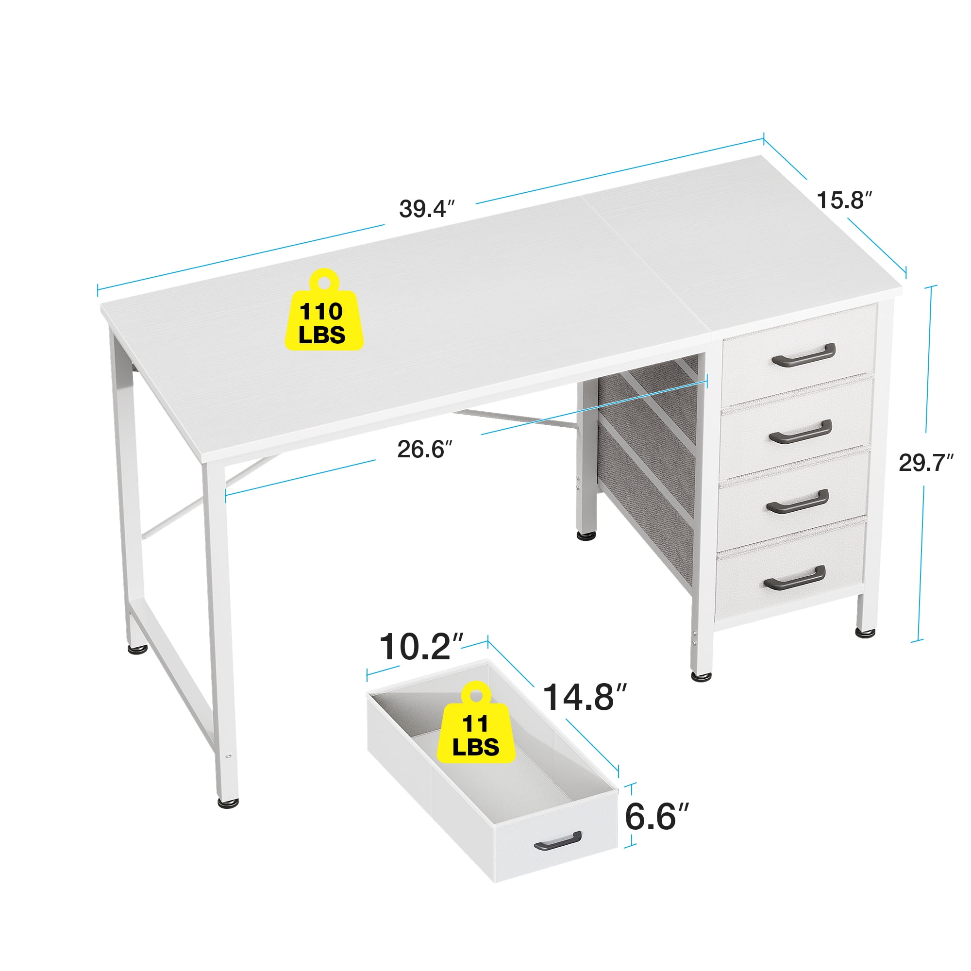 Casacomoda  40 Inch Computer Desk with Drawers , Study Table for Student, Writing Desk for Home Office, Small Table with Drawers, White