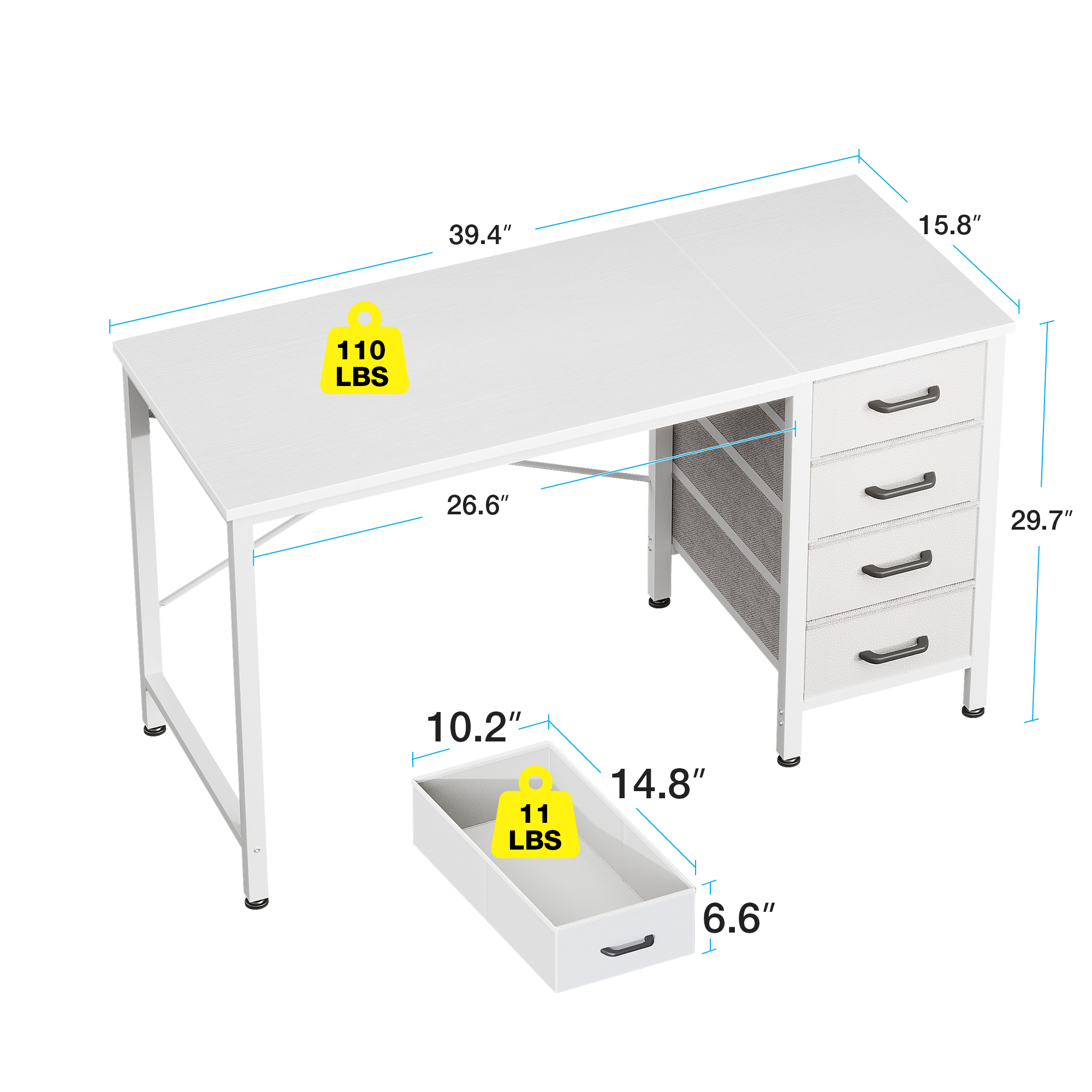 Casacomoda 40" White Computer Desk with Fabric Drawers photo 3
