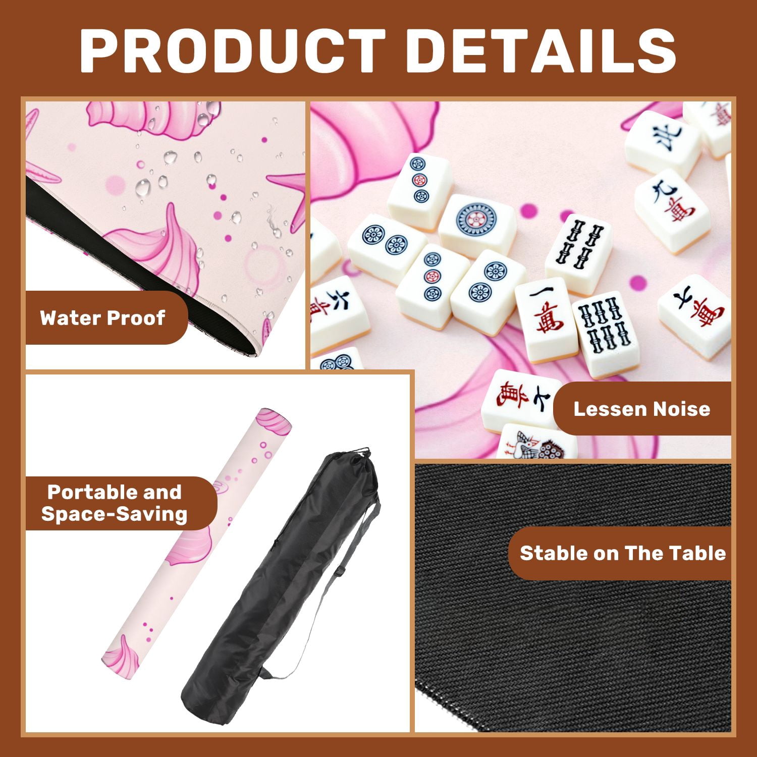 Mahjong Mat 31.5" x 31.5" Pink Seashell Starfish Light Non-Slip Noise Reduction American Mahjong Tiles Table Cover for Dominoes Poker Card Board Games Gift