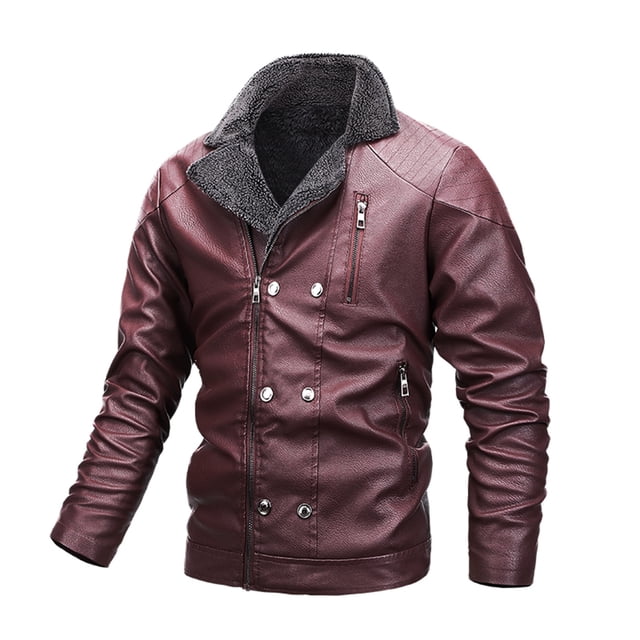 Chaqueta de piel y forro polar para hombre, chaqueta de moto, chaqueta de piel cálida Pompotops oipoqjl13542