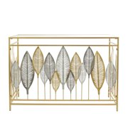 DecMode 44 x 30 Gold Metal Rectangular Leaf Console Table with Mirrored Glass Top and Silver Accents, 1-Piece