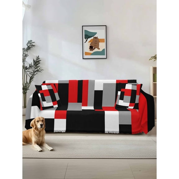 Red Black Grey Geometric Couch Cover for 2 Cushion Sofa, Modern Abstract Art Luxury Washable Loveseat Sofa Covers Slipcover for Sectional Sofas L-Shaped, Couch Throw Cover 71"x118"