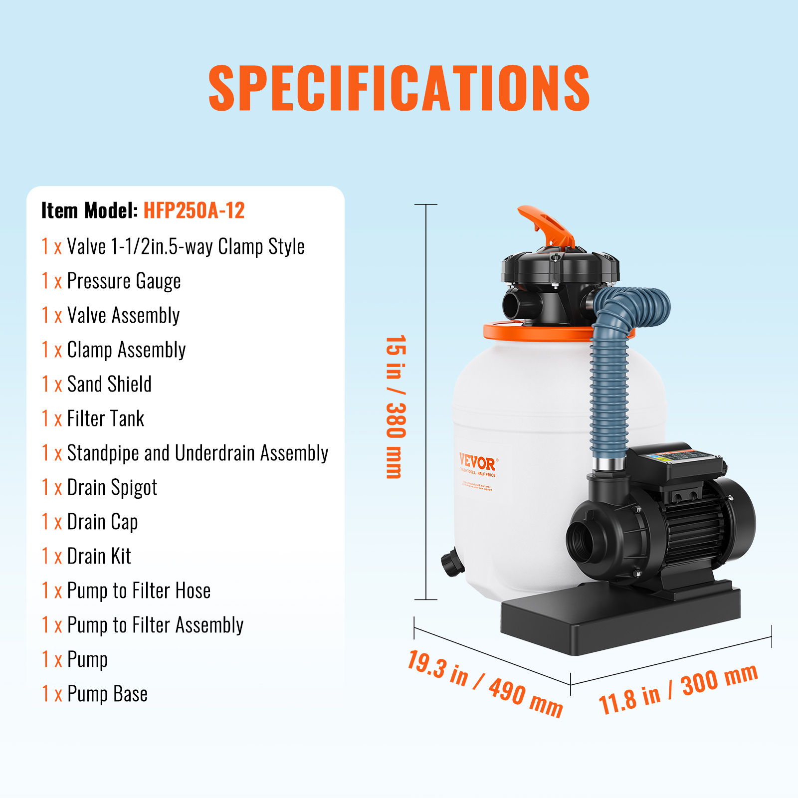 SKYSHALO 12 inch Sand Filter Pump for Above Ground Pools, 0.35HP Pool Pump with Sand Filter, 1585GPH Flow, 6-Way Valve