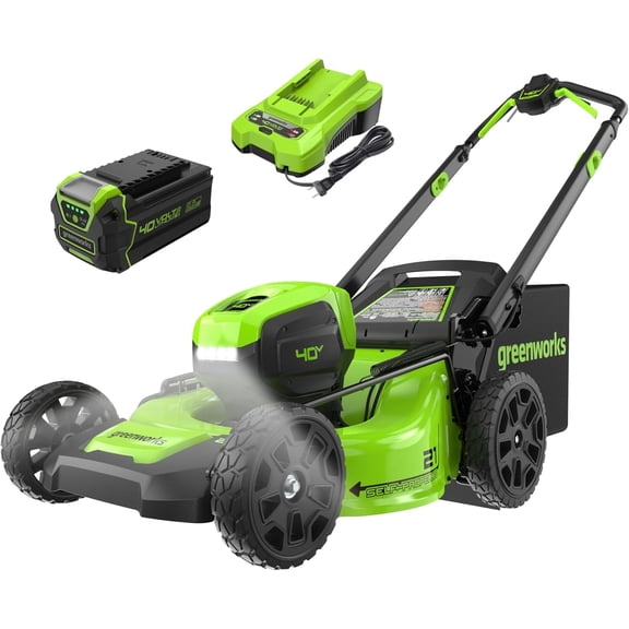 Greenworks 40V 21" Brushless Cordless (Self-Propelled) Lawn Mower (LED Headlight   Aluminum Handles), 5.0Ah Battery and Charger Included (75  Compatible Tools)