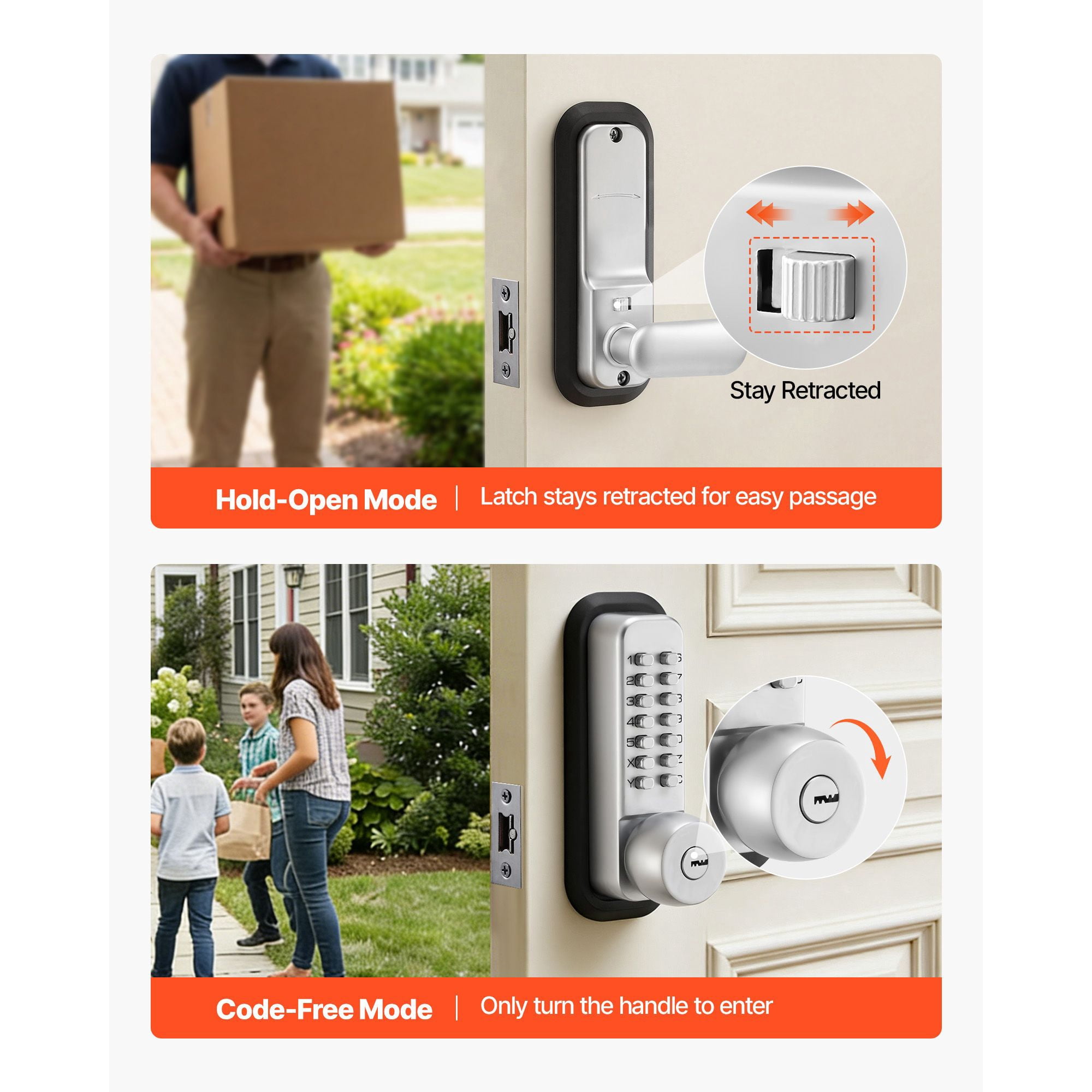 Mechanical Keyless Door Lock Gen2 Single-Sided 4-7 Digit Code No Batteries Cuttable Spindle for Front Gate Garden Garage