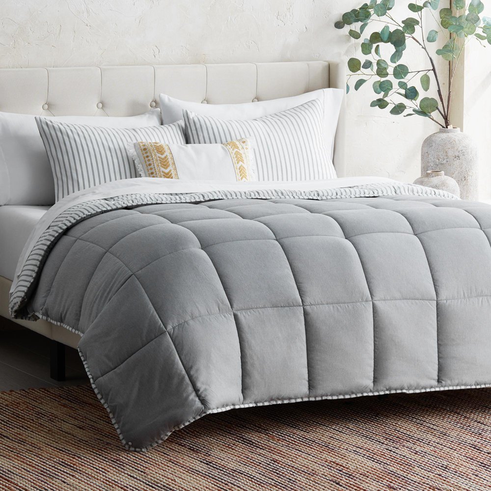 Rest Haven Reversible Hypoallergenic Chambray 3 Piece Comforter Set, Twin, Grey