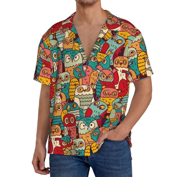 Balery Funny Owl Bird Camisa Casual de Manga Corta con Botones para Hombre, Texturizada, Estilo Cubano, para Playa, Verano-4X-Large