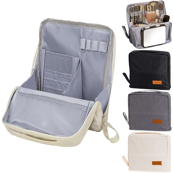 Gustave Standing Makeup Bag Portable Toiletry Cosmetic Travel Bag Organizer Large Capacity Multipurpose Oxford Makeup Brush Holder Storage Case with Compartments and Mesh Bag for Women, White