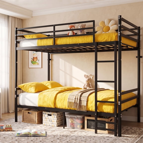 Kdymod Twin over Twin Metal Bunk Bed with Storage, Converts to 2 Separate Beds, Heavy-Duty & Space-Saving Bed Frame with Built-in Ladder & Safety Guardrail, Black