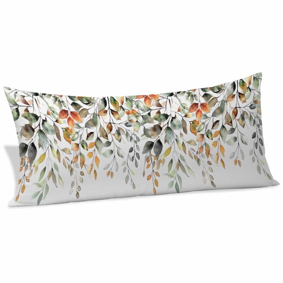 Orange Green Eucalyptus Leaves Body Pillow Covers 20"x60", Fall Botanical Watercolor Soft Brushed Microfiber Breathable Throw Pillow Covers, Pillowcase with Zipper for Couch Sofa Bedroom Living Room