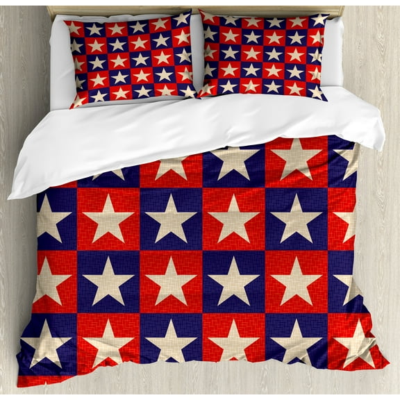 Ambesonne Prehistoric Country Duvet Cover Set, National Stars, Queen, Cream Navy Red