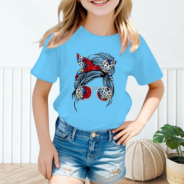 Hauts et Chemises pour Filles, T-Shirt à Manches Courtes Col Rond Imprimé Graphique Mignon pour Enfants, Chemise Décontractée d'Été Légère pour Tous les Jours