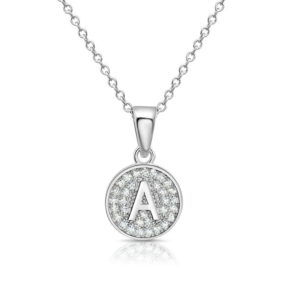 Tilo Jewelry .925 Sterling Silver Letter "A" Round Pendant Necklace with Cubic Zirconia CZ Stones | 18 Inch | Women & Unisex
