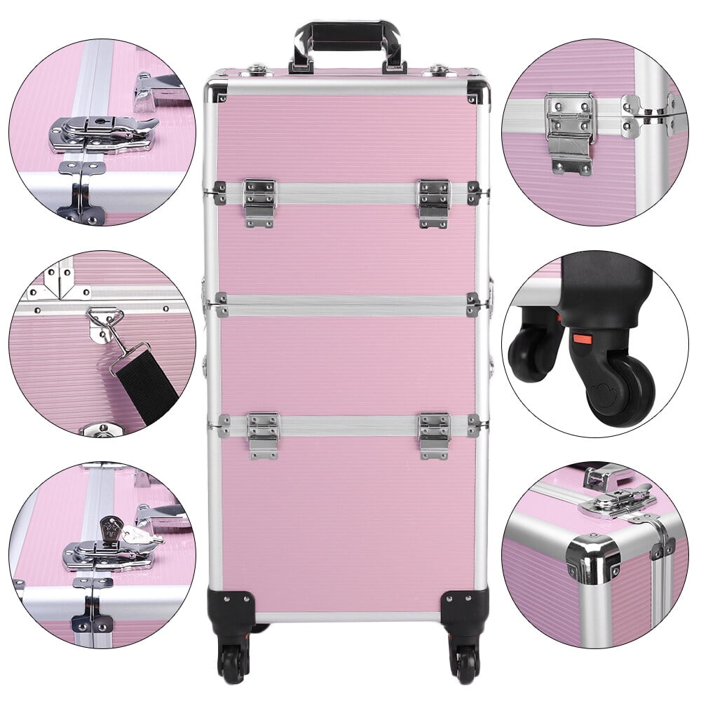 3pcs Trolley-Style Makeup Case with Universal Wheels Aluminum Alloy Cosmetic Trolley Case, Pink 14.2*9.4*41in