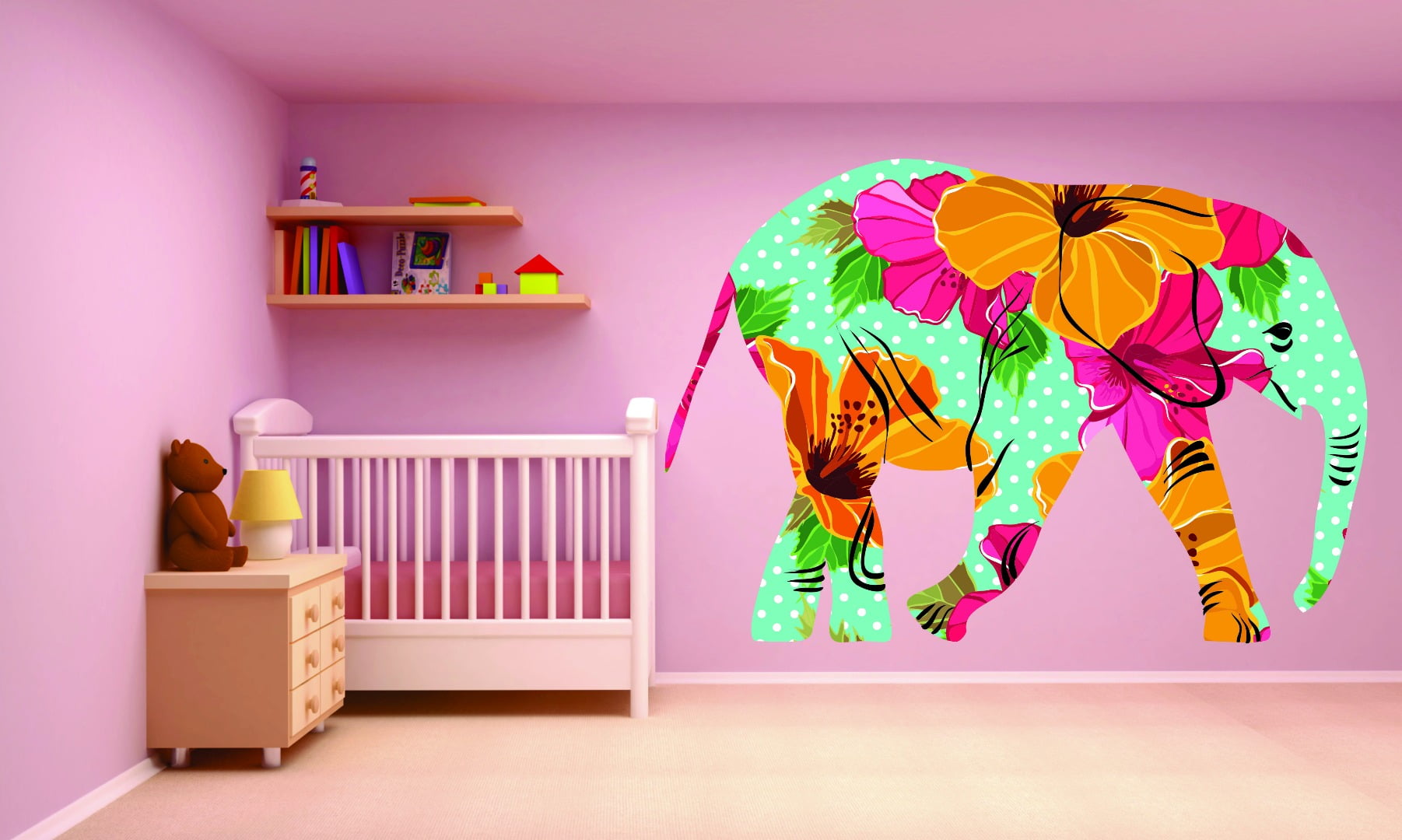 Decal Wall Sticker Floral Elephant Design 16x24 Inches