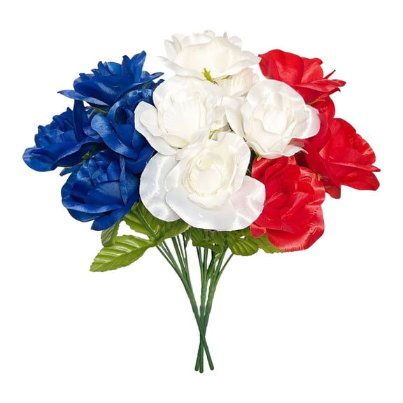 4th of July Patriotic Rose Bouquet, Artificial Mixed Patriotic Flower, Red White Blue Artificial Flowers for Memorial Day Cemetery, Wedding & Home Table Centerpieces 3Pcs