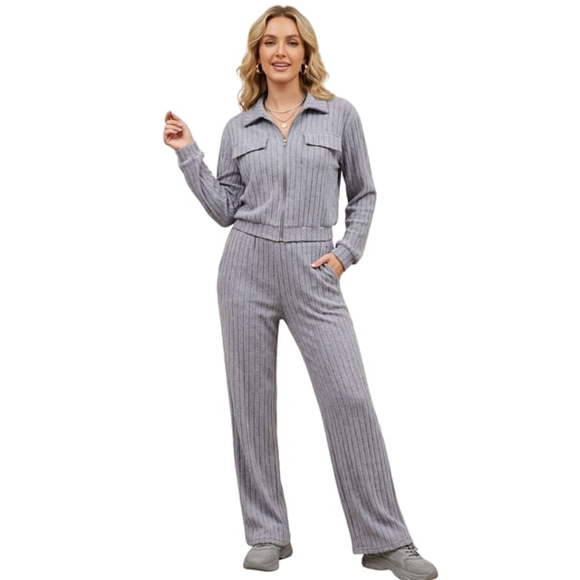 Conjunto Mujer 2 Piezas Tejido Acanalado Blusa Manga Larga con Cierre y Pants Rectos para Muje