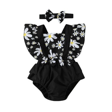 

LBECLEY Girls Size 6 Outfits Sleeve Baby Floral Headbands Fly Bodysuitt Printed Backless Girls 3M-18M Outfits Bowknot Ruffles Romper Girls Bodysuits Gymnastics Leotards for Girls Sheer Black 90