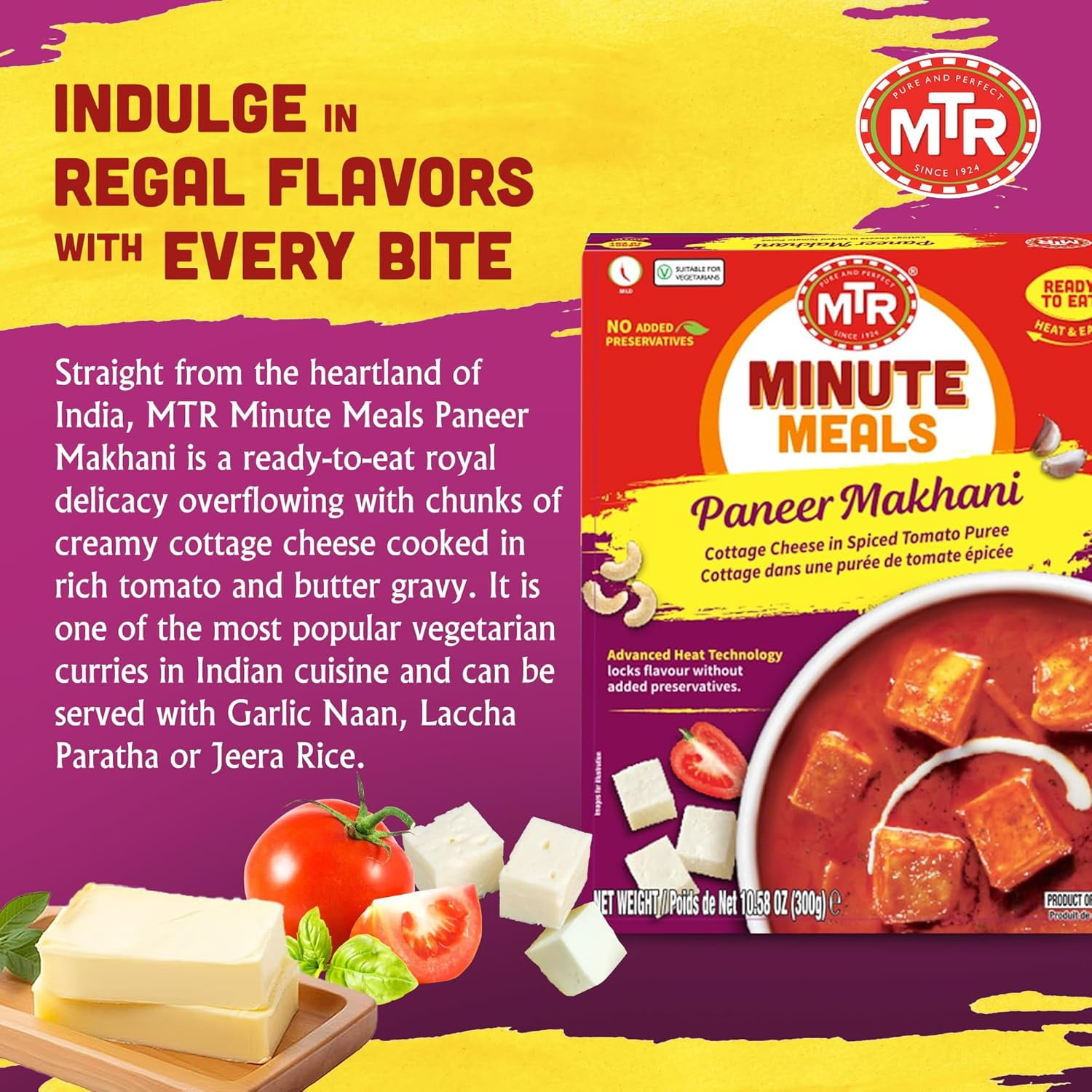 MTR Paneer Makhani - Cottage Cheese in Spiced Tomato Puree - Tasty Indian Meal with No Added Preservatives - A Quick Meal Suitable for Vegetarians, Ready in Minutes! (300g, Pack of 6)