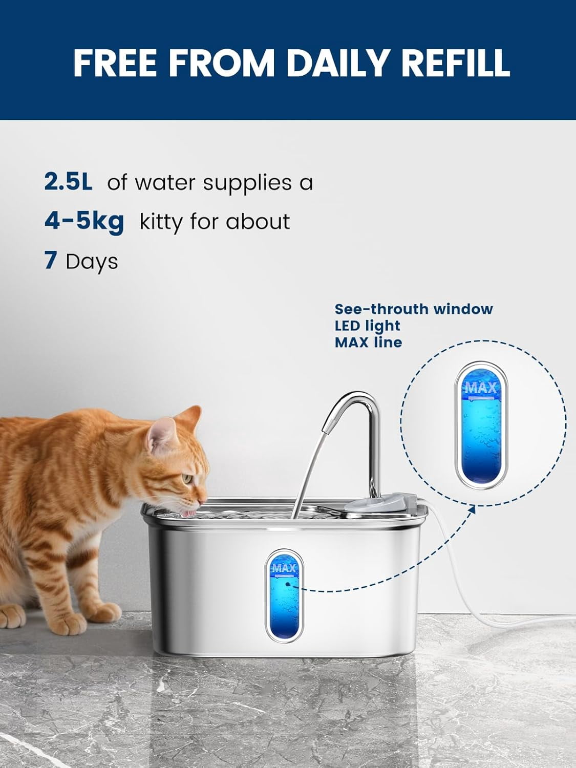 Cat Water Fountain Stainless Steel for Cats Indoor by BPA-Free SUS304, Effective 6-Layer Filter Cat Fountains for Drinking 2.5L 85oz 20dB Ultra Quiet Soft Flow Metal Pet Water Fountain