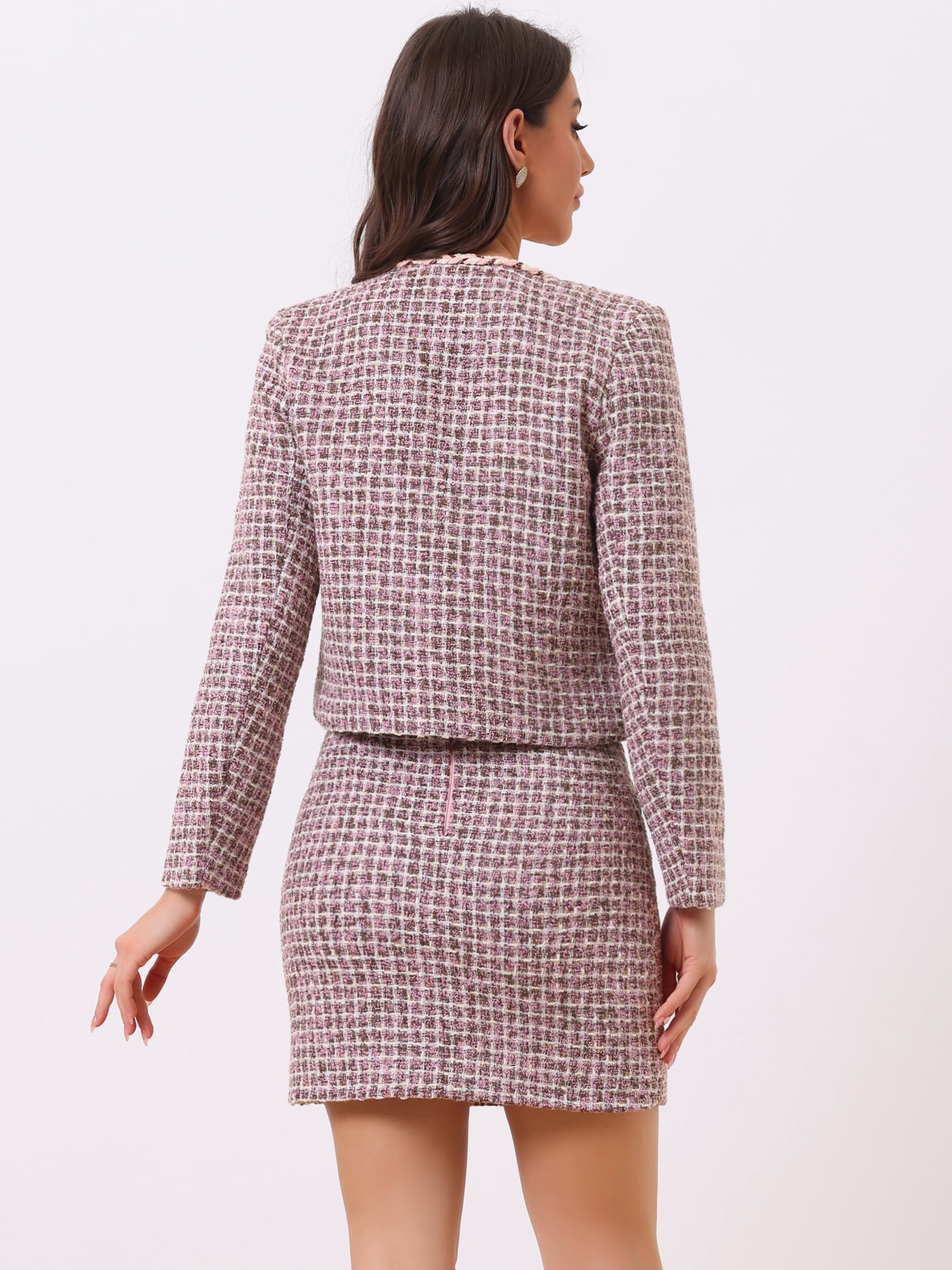 DARING DIVA 2Pcs Women's Business Blazer Mini Tweed Plaid Skirt Set XL Pink Purple
