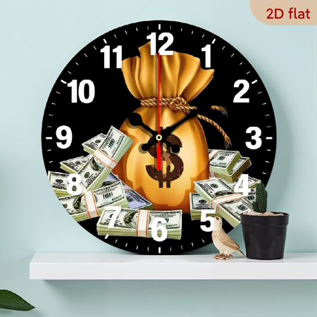 A 10-inch 2D flat wooden circular clock with a "Money and Money Bags" theme, suitable for decoration in bedrooms, living rooms, and offices. It is an ideal gift for Christmas and New Year.