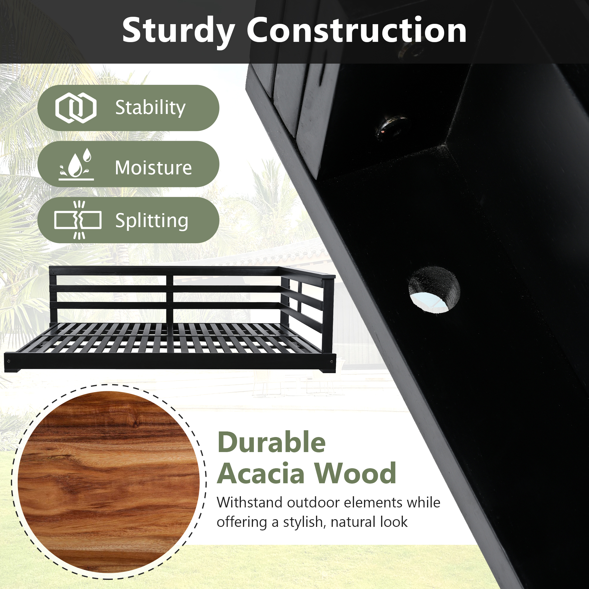 Euroco Acacia Wood Swing Bed with Hemp Rope Suspension, 350lbs Weight Capacity, Open-Side Minimalist Design, Easy Setup