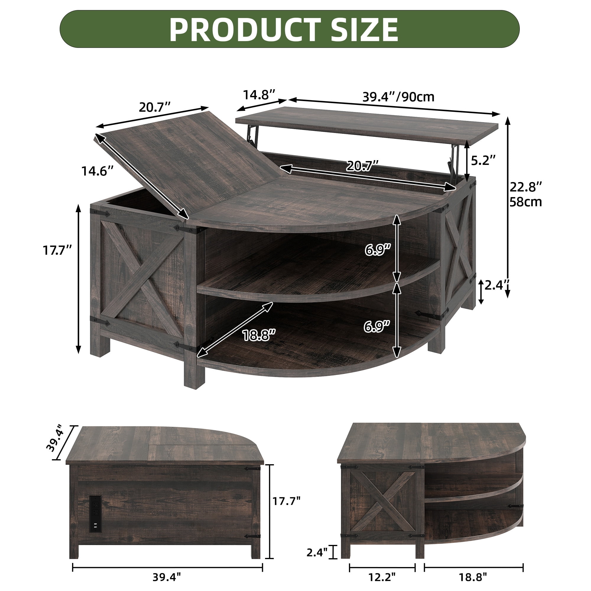 Uforic Farmhouse Lift Top Coffee Table with Storage & Power Outlets, Dark Oak