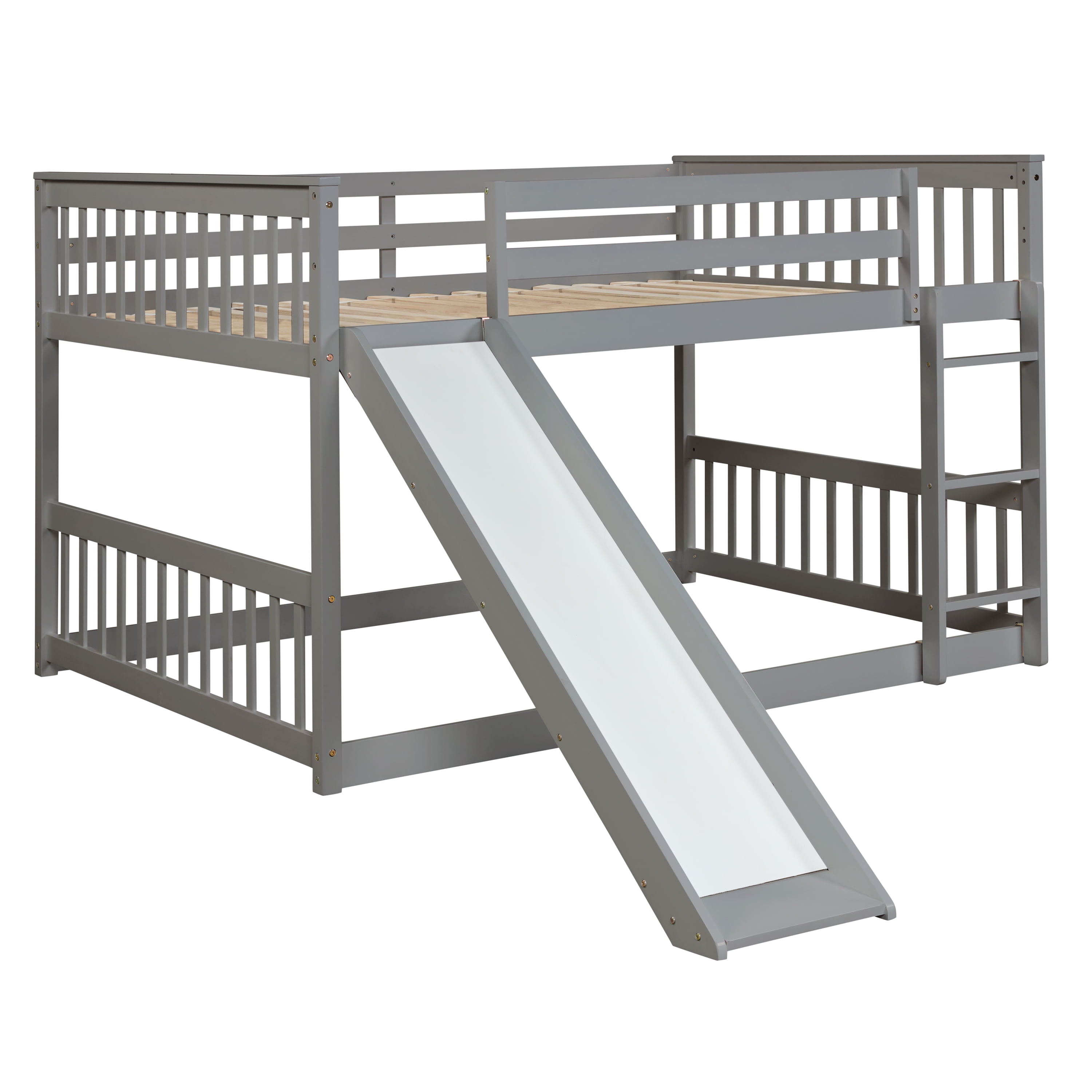 Euroco Full over Full Bunk Bed with Slide for Kids Teens Room, Solid Wood Low Profile Bunk Bed, Gray