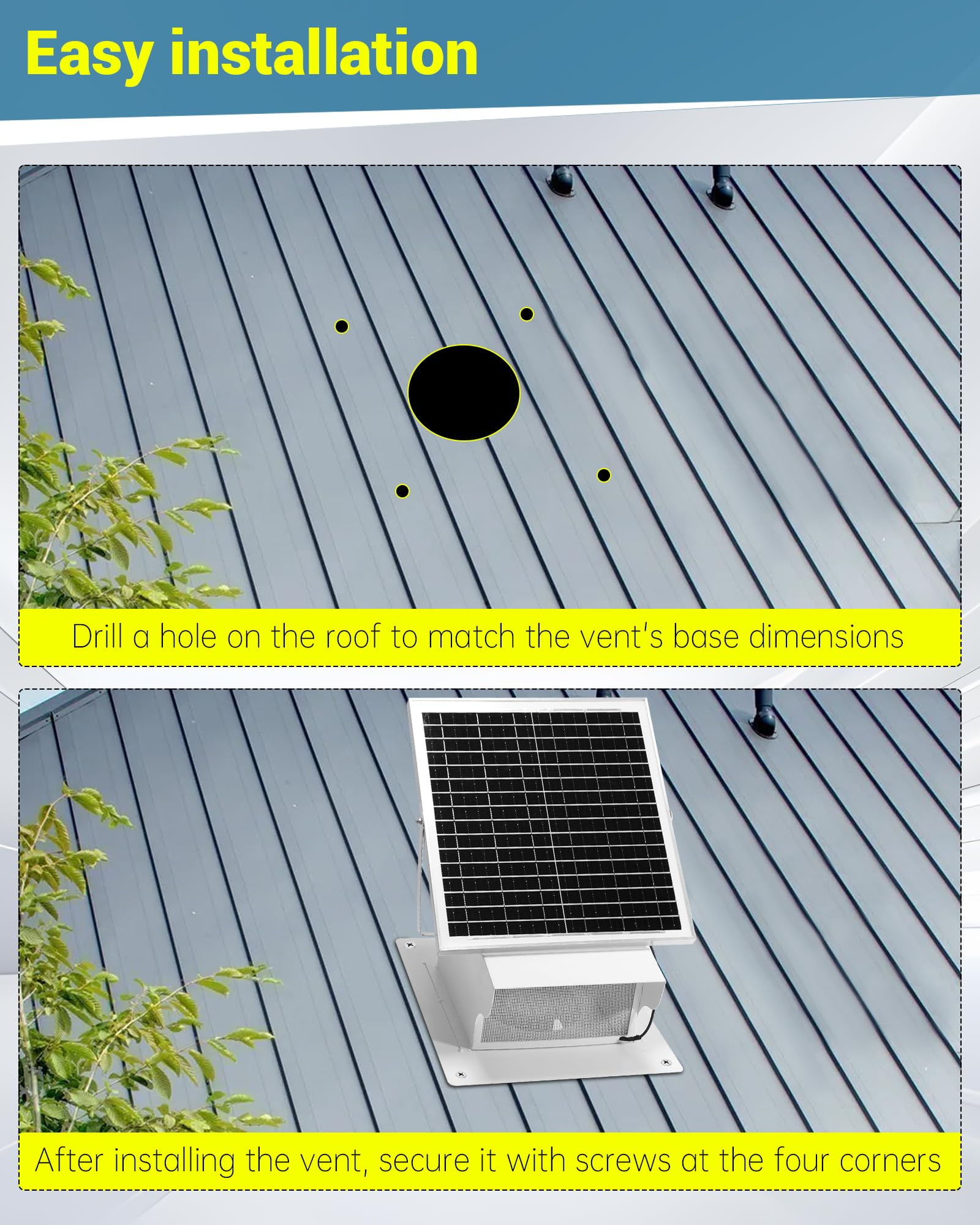 25W Solar Powered Roof Vent Fan,Ventilation and Cooling Solar Attic Exhaust Fan with 8 Inch Removable Roof Vents, Suitable for Lofts, Shops, Garages