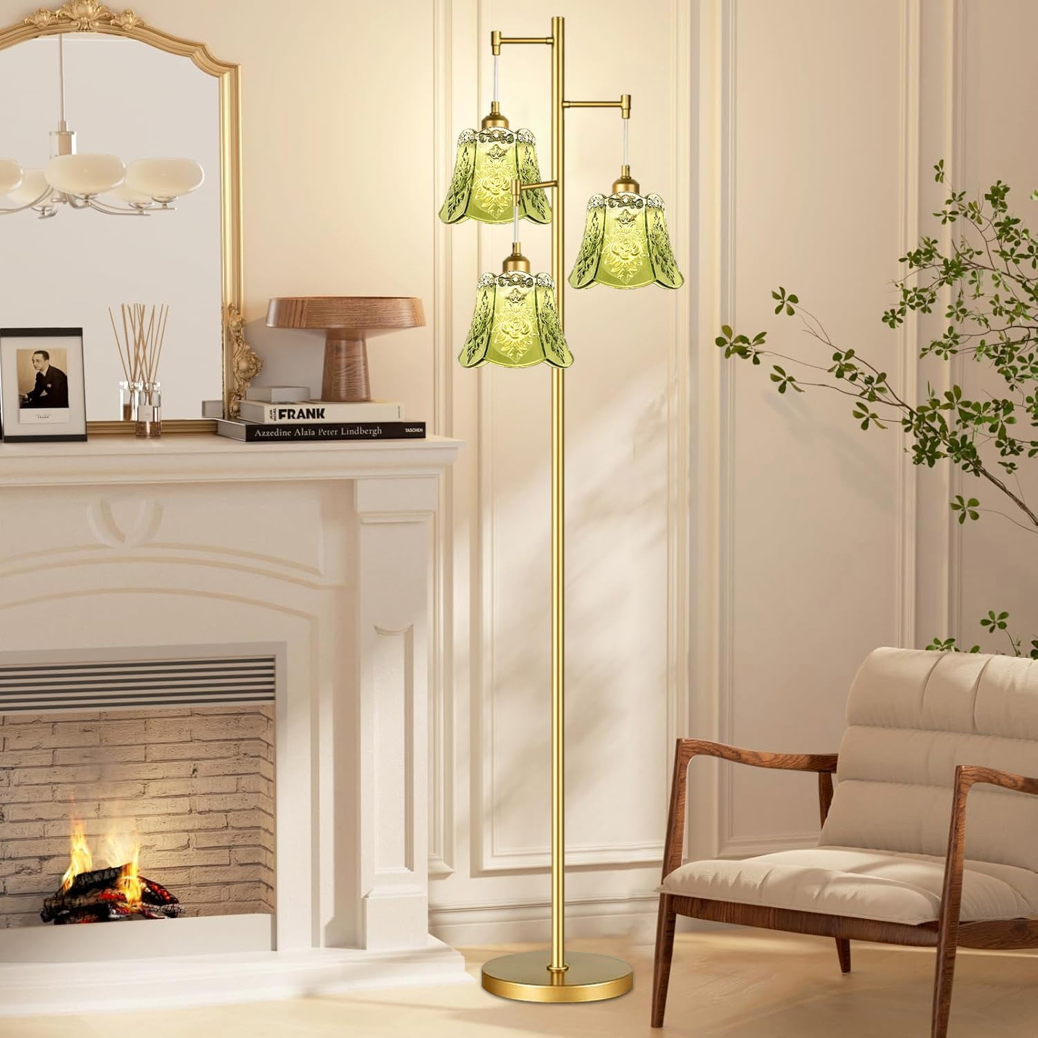 Gold Floor Lamp for Living Room,Bedroom,Tree 3 Light Standing Lamp Mid Century Modern Brass Tall Floor Lamps Vintage Retro Floor Lights Glass Green Flower Lamp Shade Farmhouse Boho Bohemian