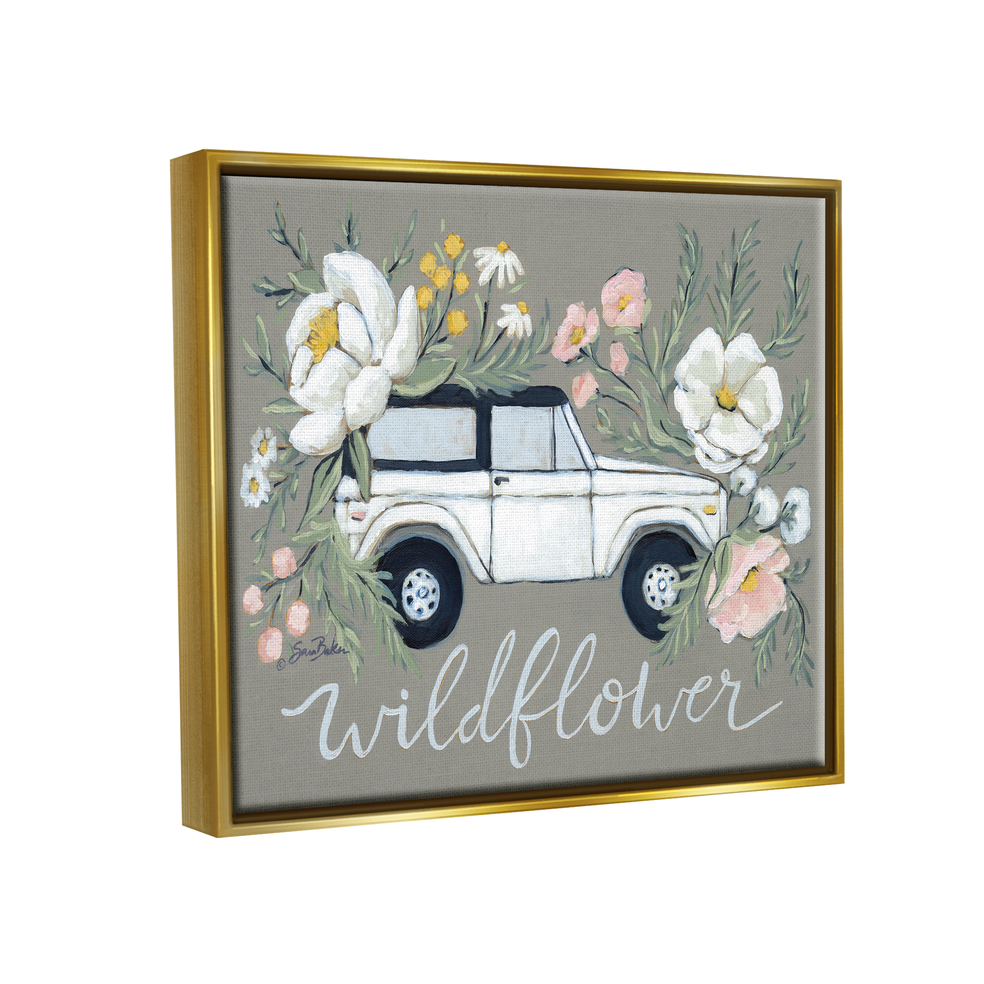 Stupell Industries Wildflower Phrase Floral Car Botanical & Floral Painting Gold Floater Framed Art Print Wall Art, 31 x 25