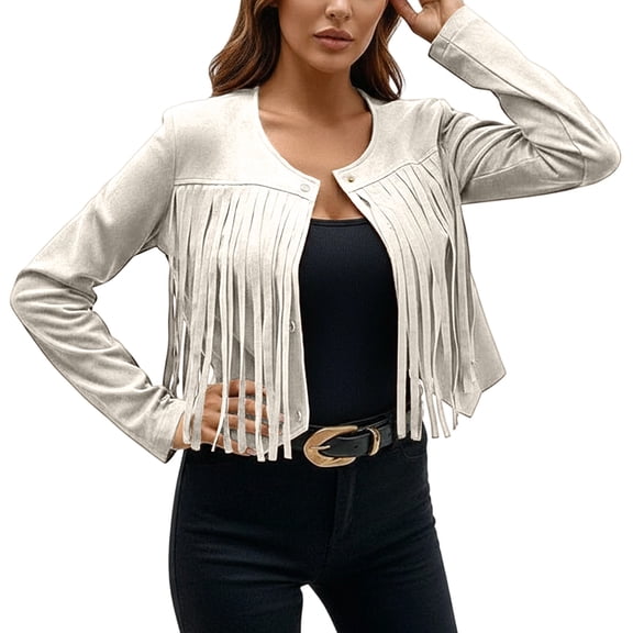 Fall Women Jacket Solid Suede Fringe Button Open Front Cardigan Slim Fit Cropped Winter Clothes Beige