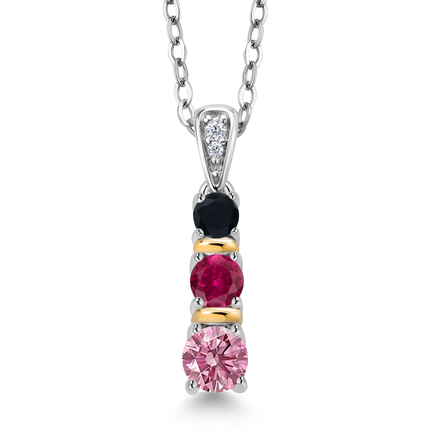 Gem Stone King 925 Silver and 10K Yellow Gold Round Pink Lab Grown Diamond Red Created Ruby and Black Onyx Pendant Necklace for Women (0.60 Cttw, Gemstone April Birthstone, with 18 inch Chain)