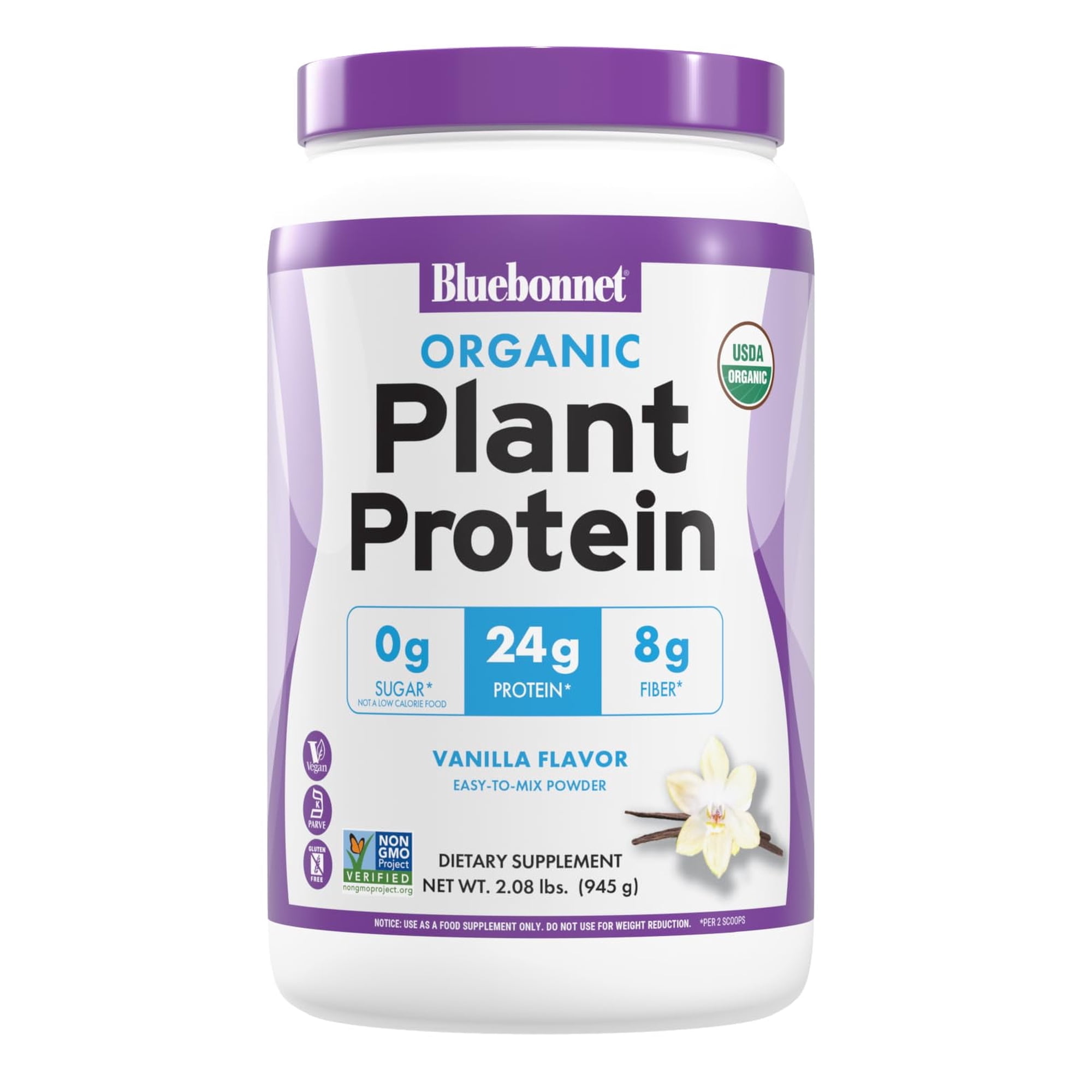 Bluebonnet Organic Plant Protein Powder 24g, No Sugar, 8g Fiber, Vanilla, 21 Days 2.08 lbs