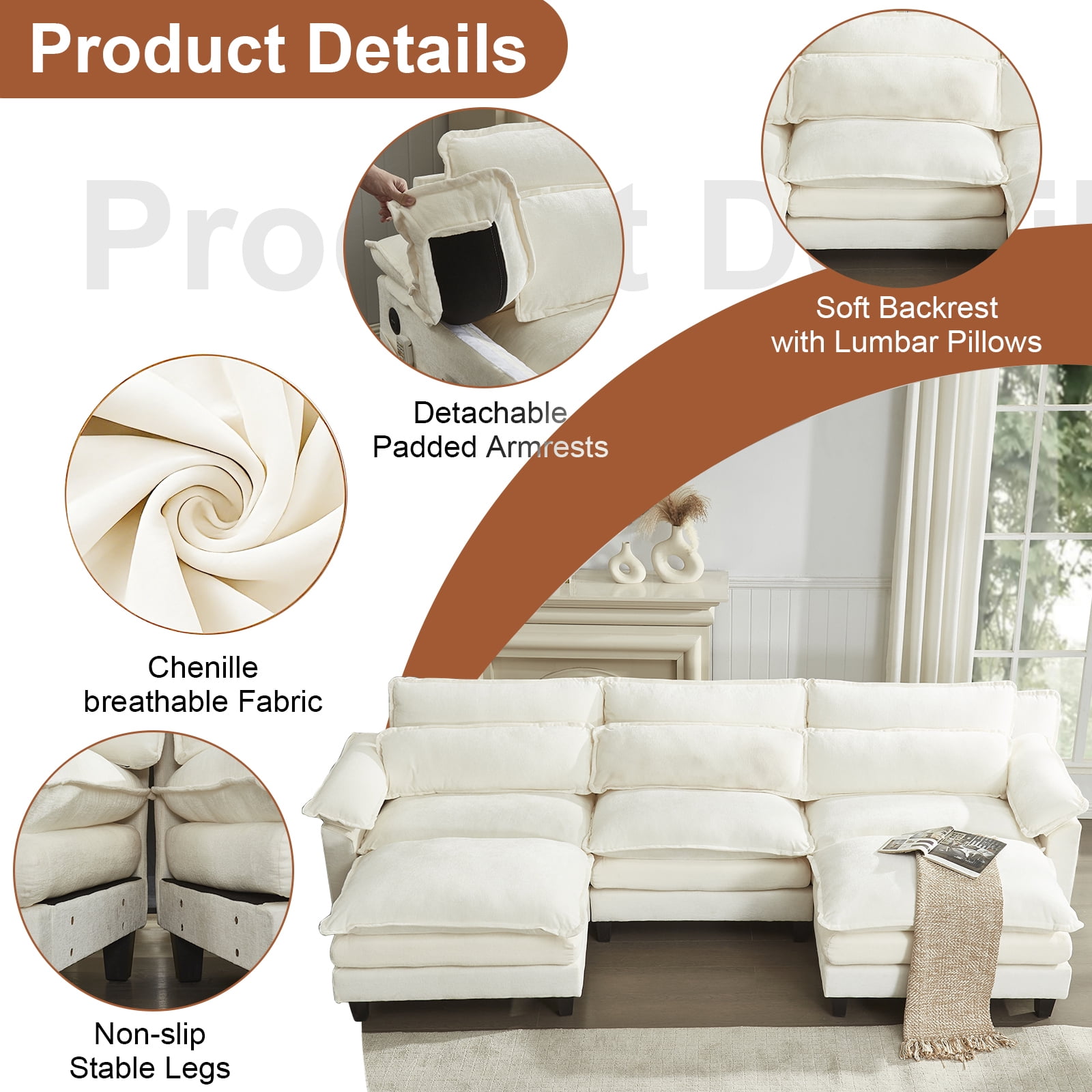 EPOWP 113'' Modular Sectional Sofa,U Shaped Couch with Movable Ottoman, Convertible Sectional Couches with Deep Seat, 3 Seat for Living Room Comfy Cloud Sofa with USB Side Pockets & Charging(Beige)