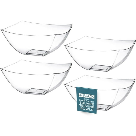 Clear Plastic Serving Bowls for Party (8oz - 4 Pack) Square, Disposable, Salad & Fruit Bowls for Party Table, Candy Containers for Candy Buffet