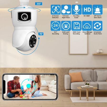 Moclever E27 Light Socket Security Camera, 1080P WiFi IP Dual Lens Camera Light Bulb with APP Control AI Human Detection Full Color Night Vision Two-Way Audio, White
