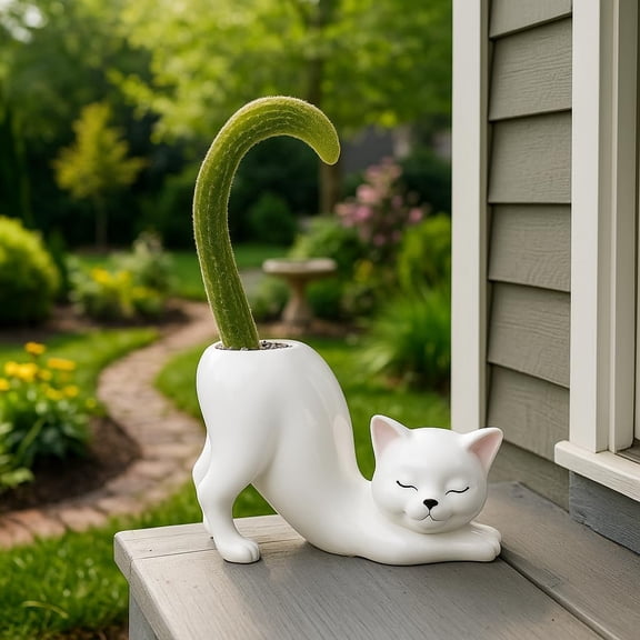 Ceramic Tailless Cat Planter Pot with Drainage Hole,Cute Cat Flower Pot for Succulents,Plants,Unique Vase for Flowers,Outdoor Garden,Patio,Living Room,Home Decor,Office Shelf,6In